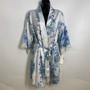 Flora Nikrooz Women's Sabrina‎ White Blue Floral Lace Kimono Robe Size S